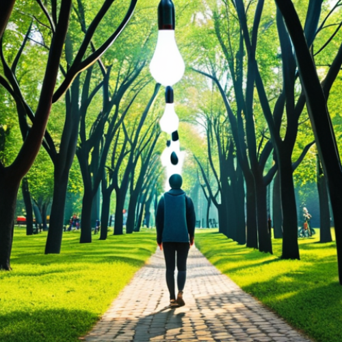 A person, initially overwhelmed by a chaotic array of flickering digital screens and notifications, slowly transitions into a state of serene focus while walking mindfully in a lush Polish park (like Park Skaryszewski or Planty in Krakow). A bright, clear idea bulb appears above their head, symbolizing profound inspiration found away from digital noise. The visual should contrast the initial digital clutter with the peaceful natural environment. Style: Concept art, surreal elements transitioning to natural realism, vibrant yet calming colors.