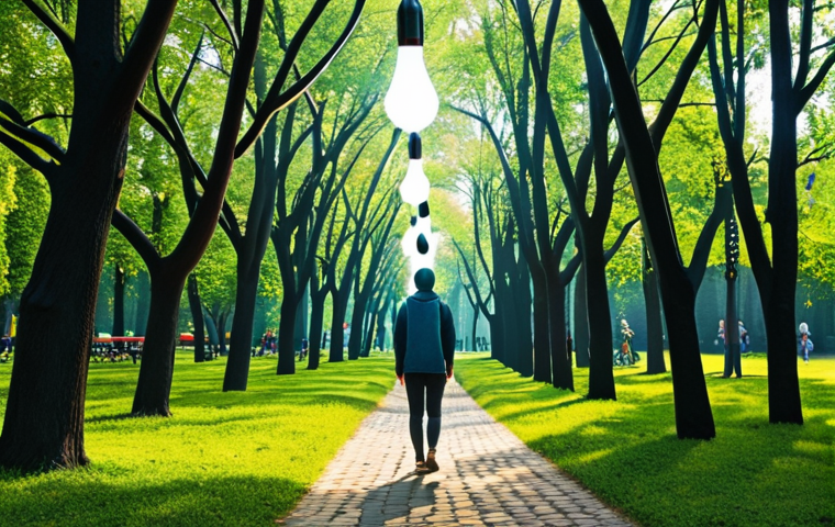A person, initially overwhelmed by a chaotic array of flickering digital screens and notifications, slowly transitions into a state of serene focus while walking mindfully in a lush Polish park (like Park Skaryszewski or Planty in Krakow). A bright, clear idea bulb appears above their head, symbolizing profound inspiration found away from digital noise. The visual should contrast the initial digital clutter with the peaceful natural environment. Style: Concept art, surreal elements transitioning to natural realism, vibrant yet calming colors.